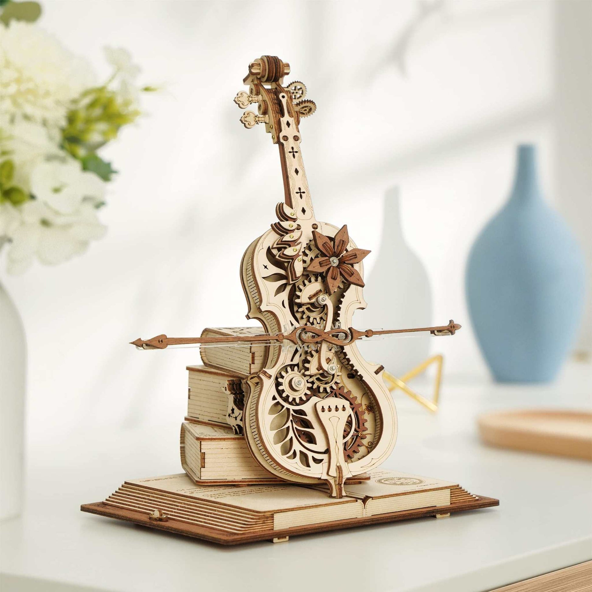 Robotime ROKR Magic Cello 3D wooden puzzle music box with mechanical gears and decorative magic book base
