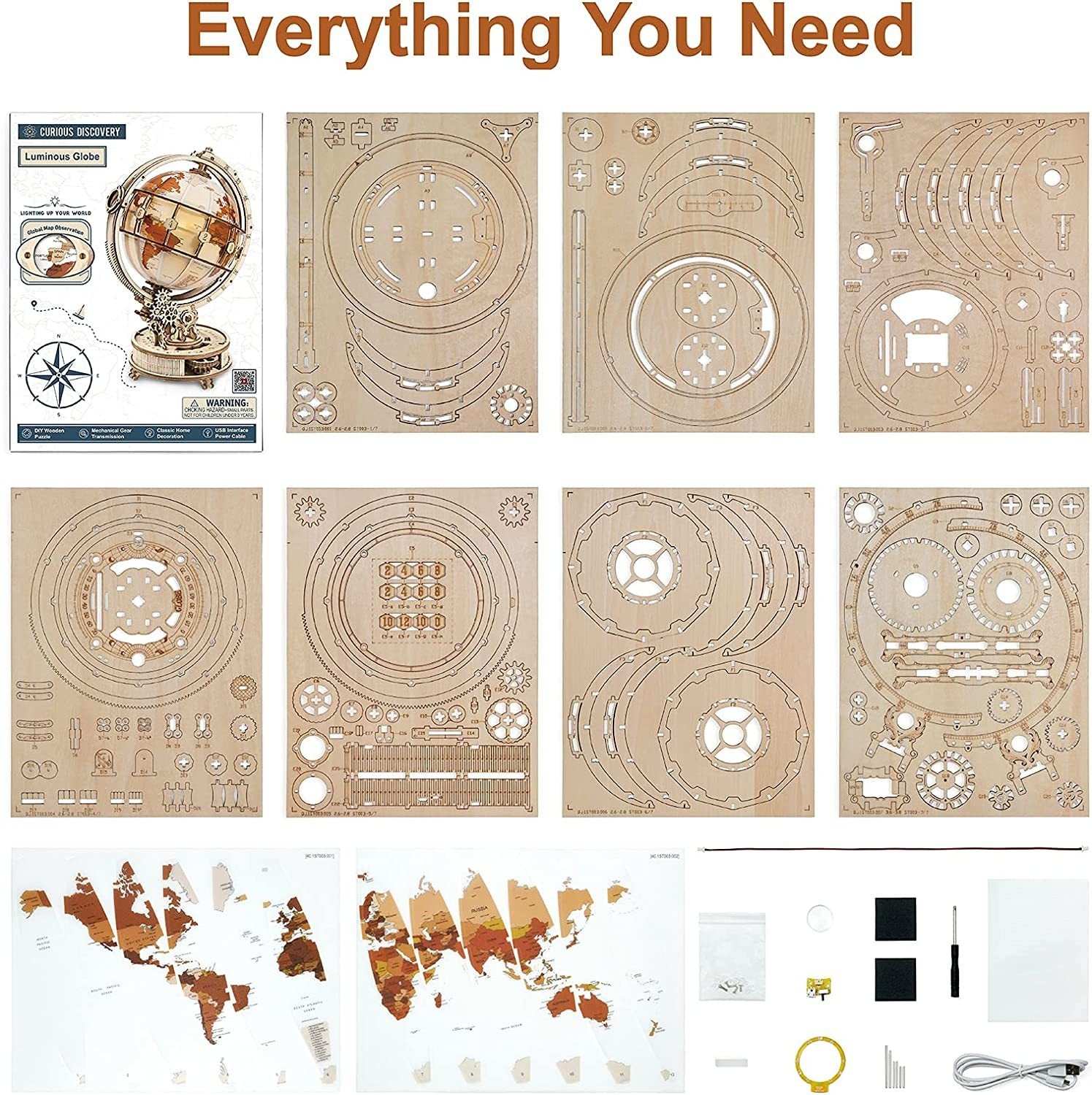 Rokr Luminous Globe 3D wooden model kit with 180 laser-cut pieces and USB lamp assembly set