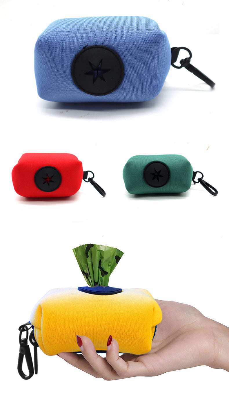 Compact Pet Supplies Stool Bag Dispenser in various colors made of durable diving fabric with a clip for easy carrying