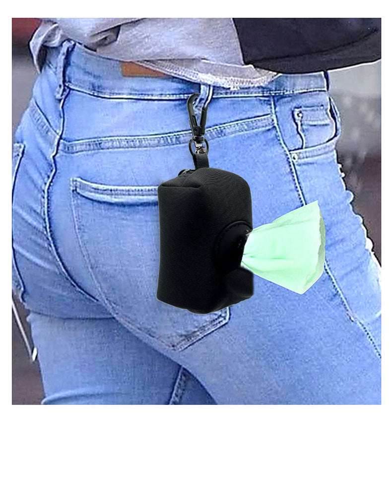Black pet supplies stool bag dispenser attached to blue jeans with clip