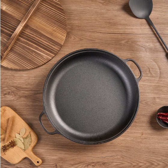 11" Cast Iron Wok – Dual Handles & Wood Lid