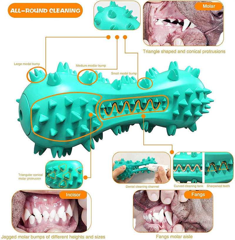 Blue rubber molar stick pet dog cleaning chew toy with serrated teeth for small to medium aggressive dogs