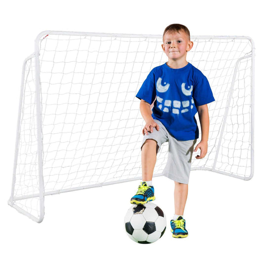 8' x 5' soccer goal with powder coated steel frame and nylon net, child standing with soccer ball