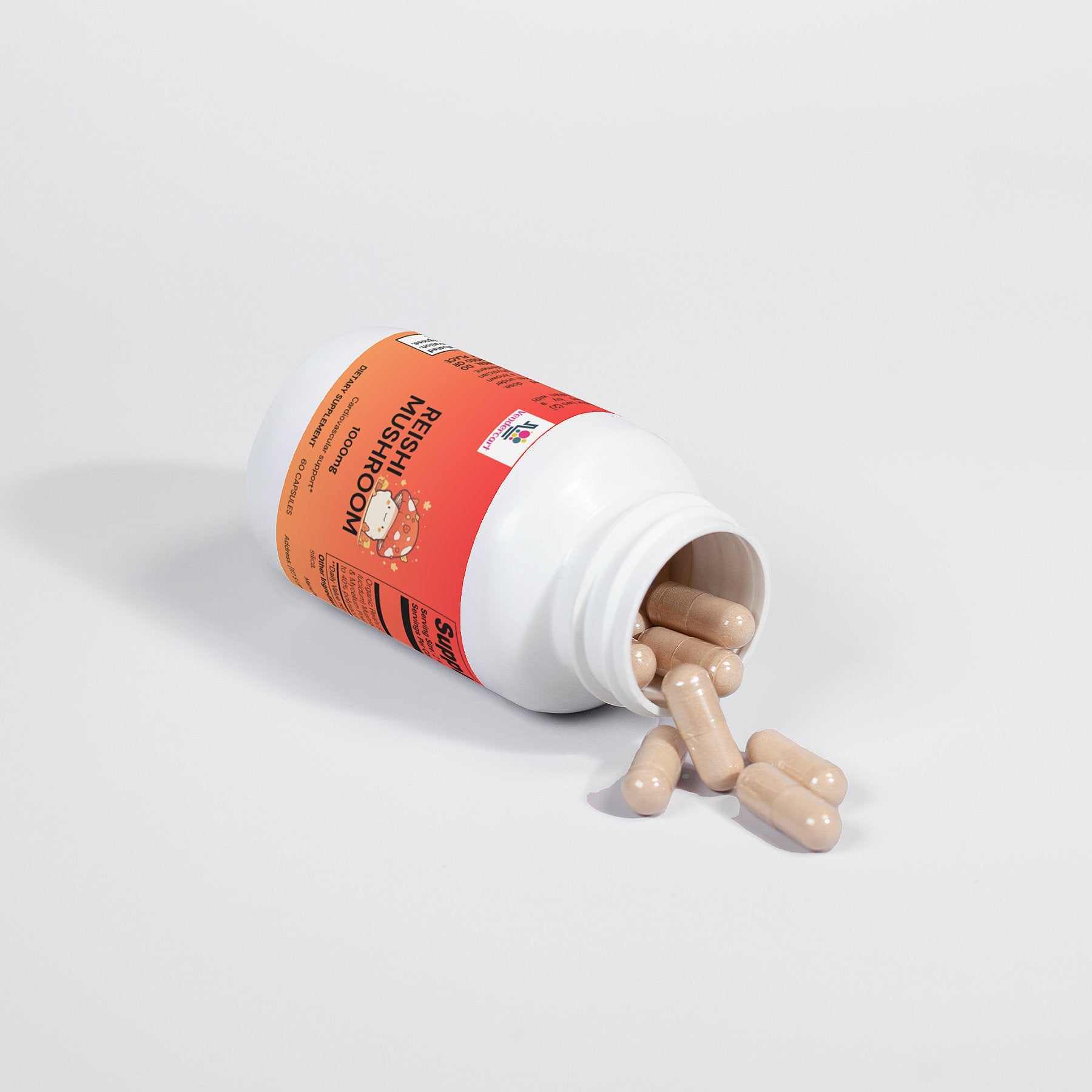 Organic Reishi Mushroom Capsules in white bottle with orange label spilling vegan plant-based capsules