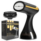 Compact black and gold clothes steamer with fabric brush and packaging box for travel and home use
