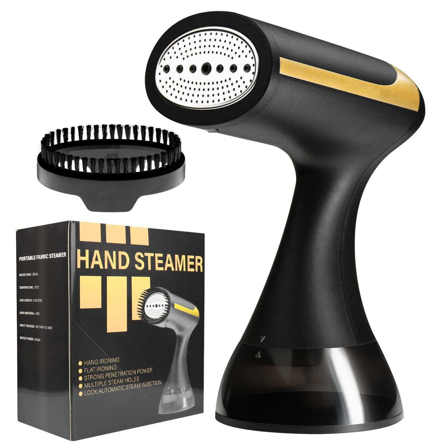 Compact black and gold clothes steamer with fabric brush and packaging box for travel and home use