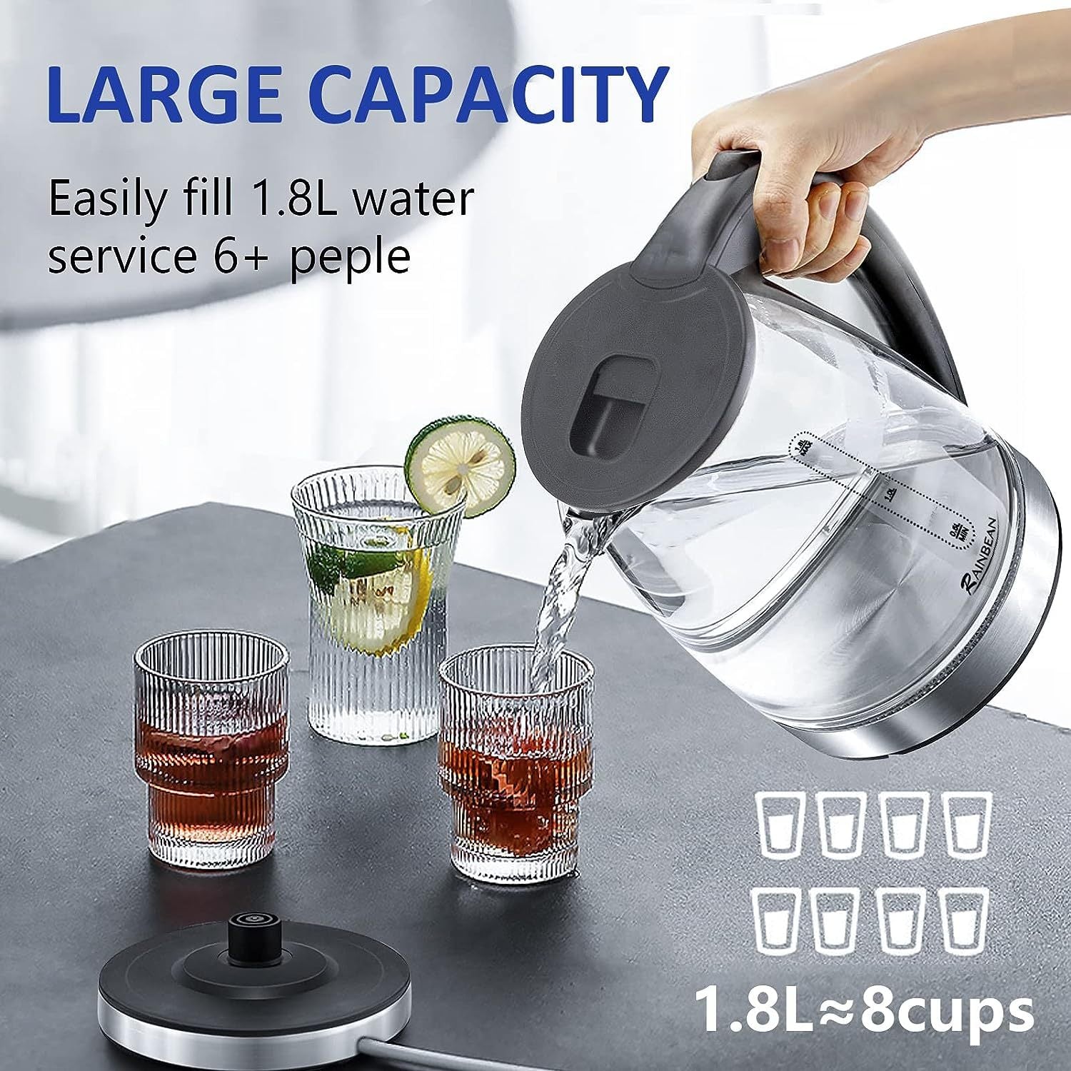 Electric Kettle Water Boiler, 1.8L Electric Tea Kettle, Wide Opening Hot Water Boiler With LED Light, Auto Shut-Off & Boil Dry Protection, Glass Black - The Peppermint Room