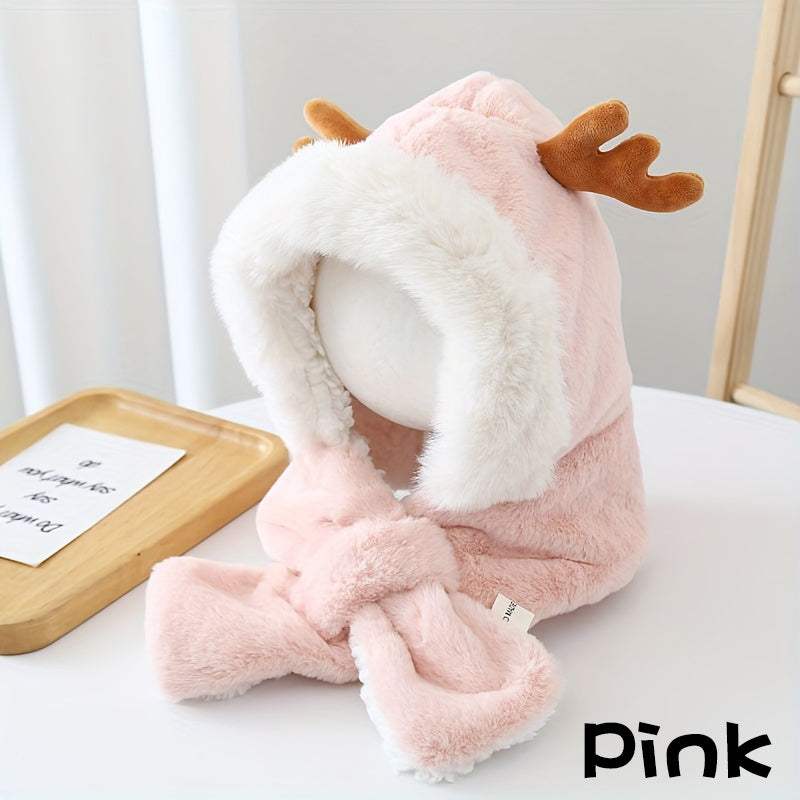 Pink cute deer hat with plush antlers and attached scarf for girls winter warmth