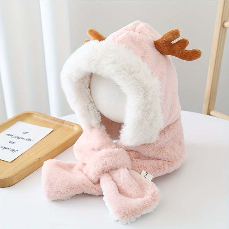 Pink plush cute deer hat with antlers and attached scarf for children winter warmth