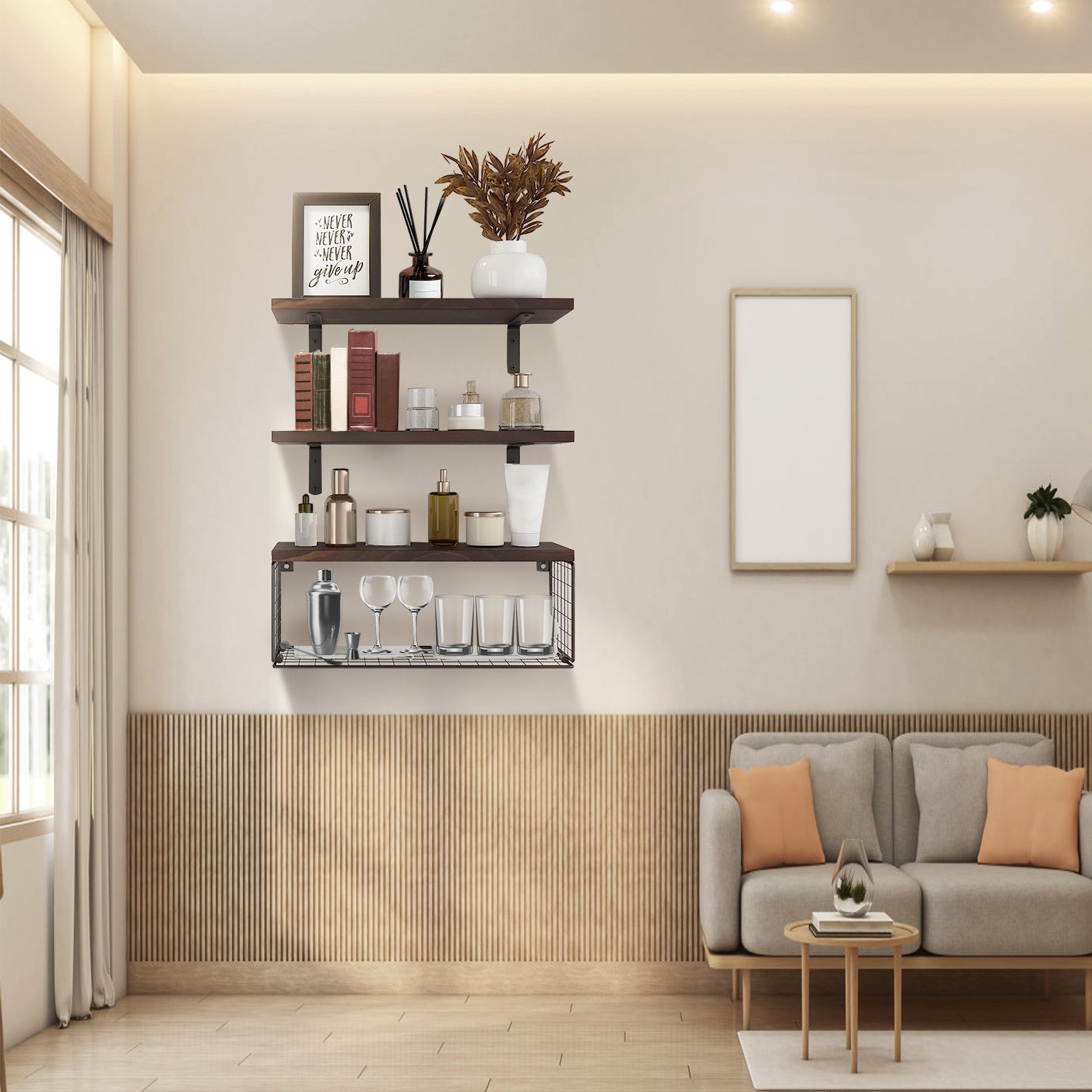 2 In 1 Floating Shelves Wall Mounted With Storage Basket Bathroom Shelves Over Toilet Wooden Shelves For Bedroom Living Room Kitchen Office Wall Decor Plants - The Peppermint Room