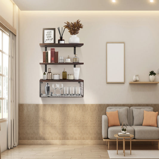2 In 1 Floating Shelves Wall Mounted With Storage Basket Bathroom Shelves Over Toilet Wooden Shelves For Bedroom Living Room Kitchen Office Wall Decor Plants - The Peppermint Room