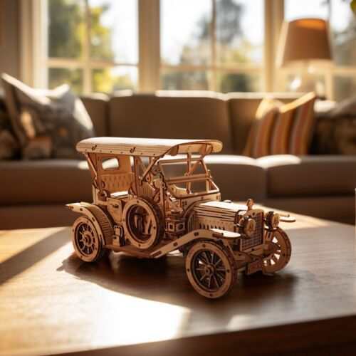 ROKR 3D Wooden Puzzle vintage car model assembled on table in cozy living room light