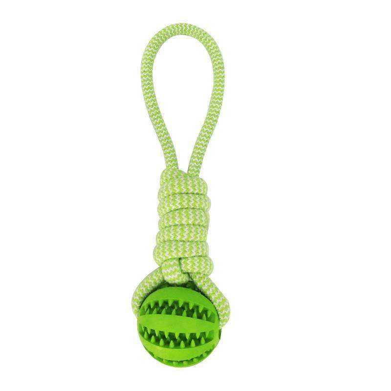 Green dog toy treat ball with hemp rope for chewing and interactive play
