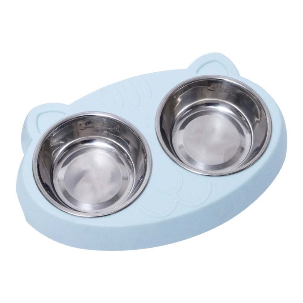 Double dog bowls with stainless steel inserts and non-slip resin base for feeding pets