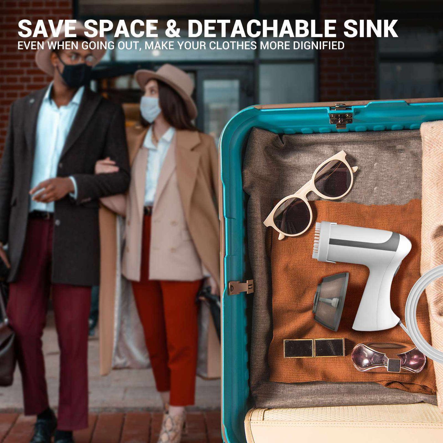 Compact clothes steamer packed in suitcase for travel with detachable sink accessory