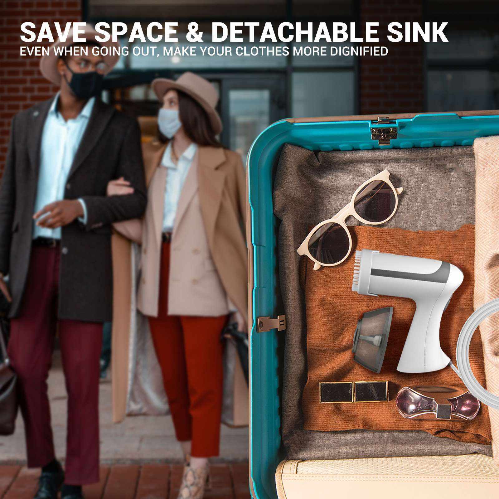 Compact clothes steamer packed in suitcase for travel with detachable sink accessory