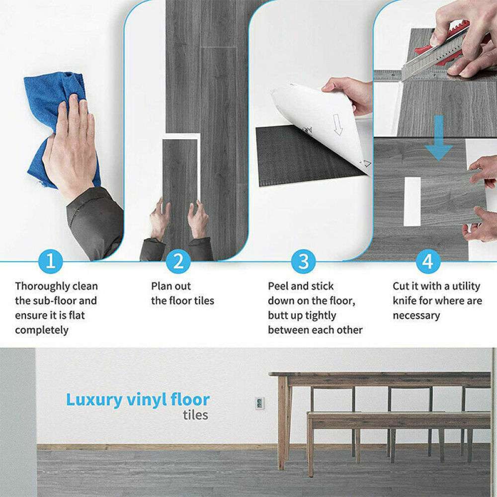 Self-adhesive vinyl floor planks tiles with wood effect, easy peel and stick installation, waterproof and durable for bathroom and home flooring.