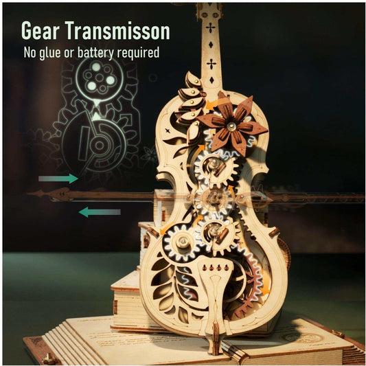 Robotime ROKR Magic Cello wooden mechanical music box 3D puzzle with gear transmission and decorative flower design