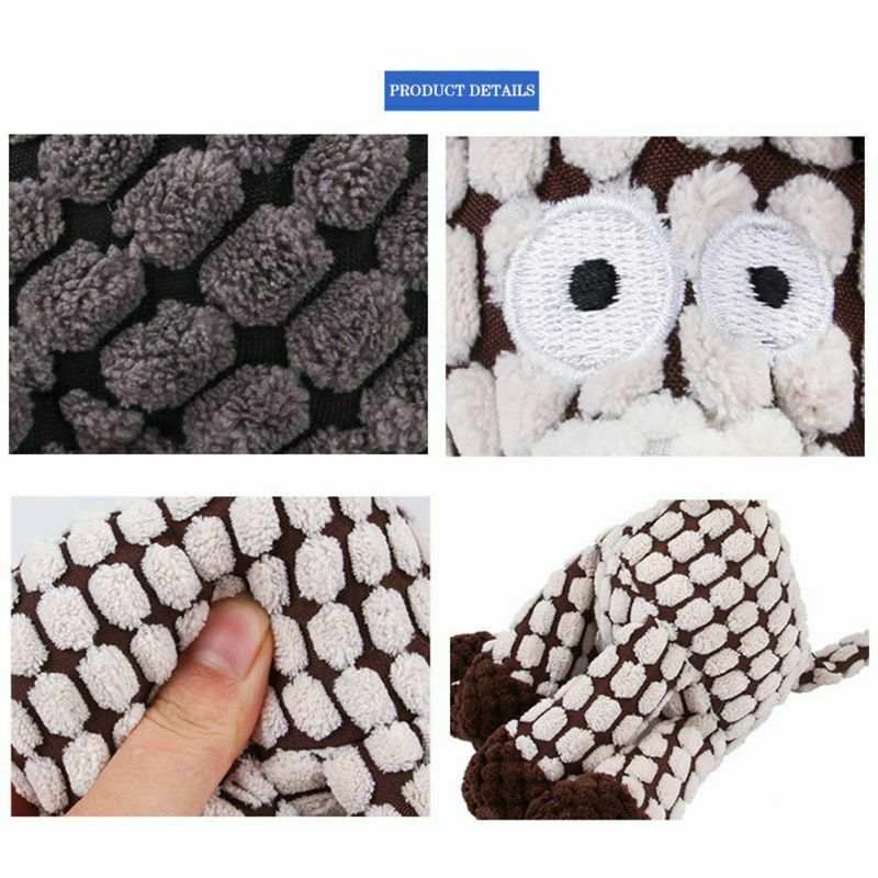 close-up of brown and beige plush dog toy with textured corduroy fabric designed for chewing and squeaking