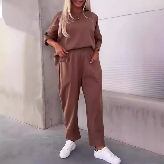 Two-piece Solid Color Round Neck Cropped Pants Set - The Peppermint Room