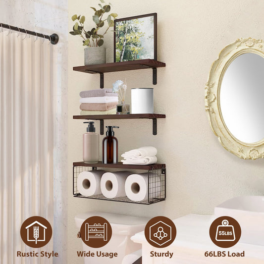 2 In 1 Floating Shelves Wall Mounted With Storage Basket Bathroom Shelves Over Toilet Wooden Shelves For Bedroom Living Room Kitchen Office Wall Decor Plants - The Peppermint Room