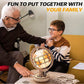 Grandfather and grandson assembling Rokr Luminous Globe 3D wooden model kit at home