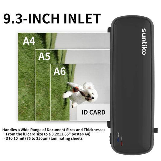 Compact 4-in-1 Laminating Machine with 9.3-inch inlet fits A4 to ID card sizes, fast warm-up, anti-jam design, ideal for home and office use