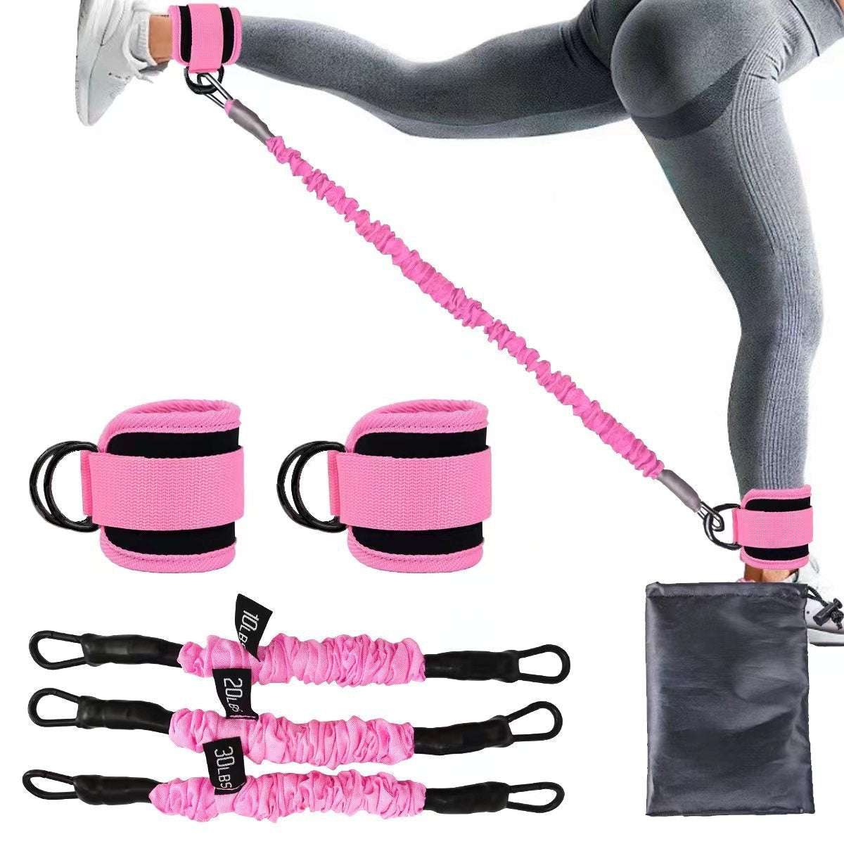 Pink adjustable ankle strap resistance bands for hip and leg strength training at home or gym