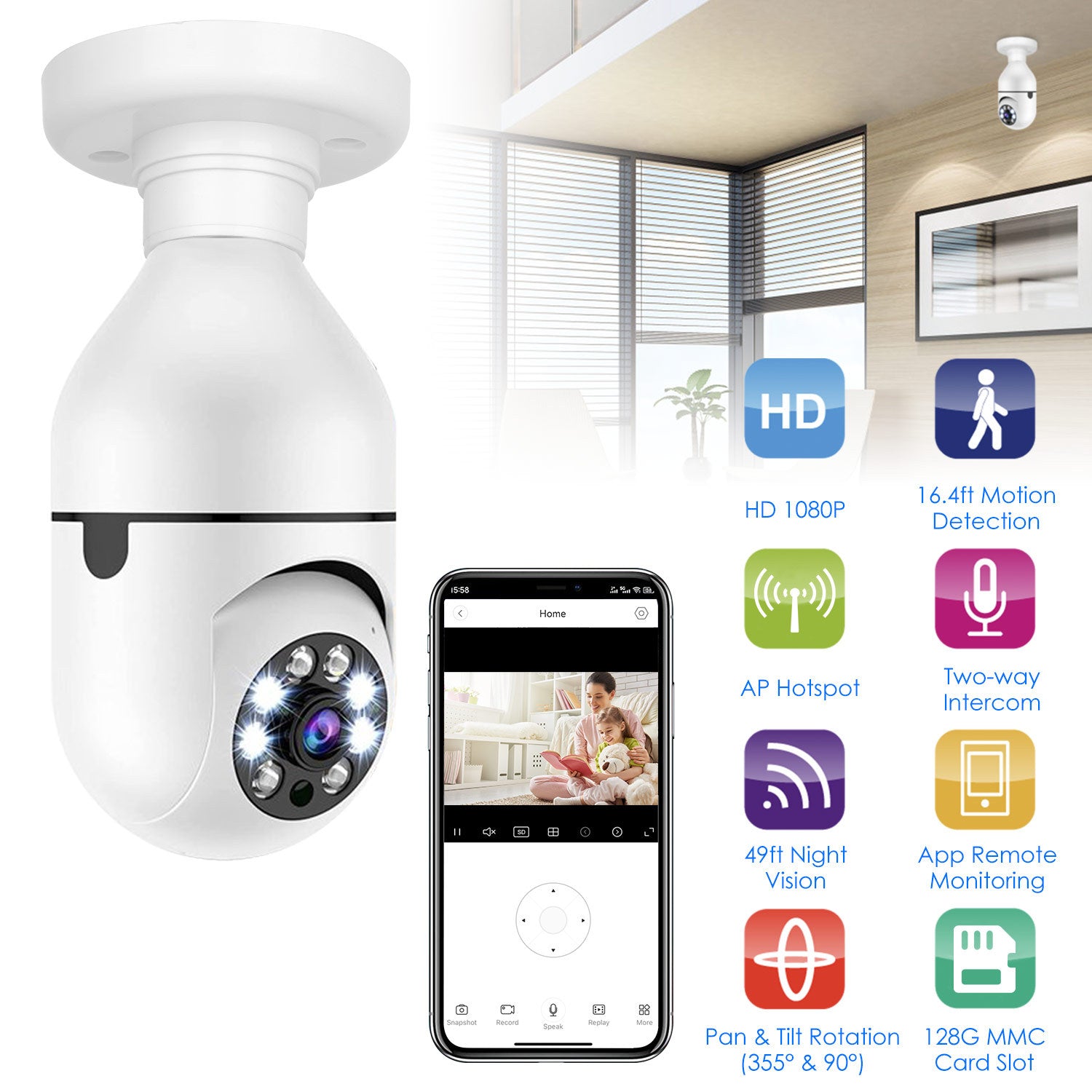 1Pc E27 WiFi Bulb Camera 1080P FHD WiFi IP Pan Tilt Security Surveillance Camera With Two-Way Audio Night Vision Motion Detection Function APP Control - The Peppermint Room