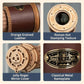 3D wooden puzzle game featuring orange grained leather, Roman hot stamping texture, Jolly Roger mirror cover, and classical metal nameplate.