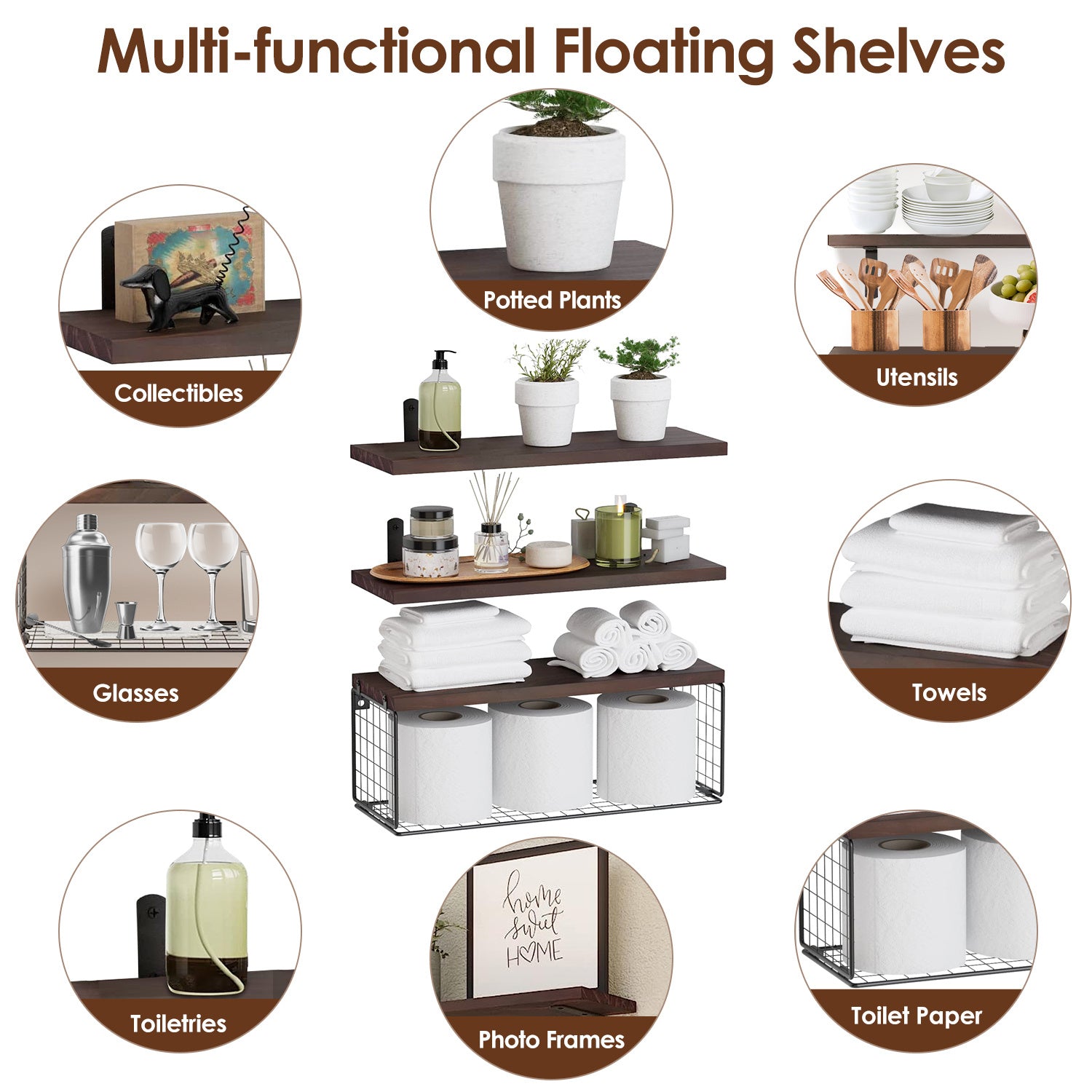 2 In 1 Floating Shelves Wall Mounted With Storage Basket Bathroom Shelves Over Toilet Wooden Shelves For Bedroom Living Room Kitchen Office Wall Decor Plants - The Peppermint Room