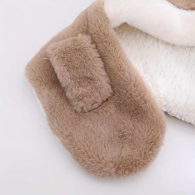 Cute deer hat with plush rabbit ears and scarf, soft fleece winter hat for children, warm and thickened kawaii antler beanie