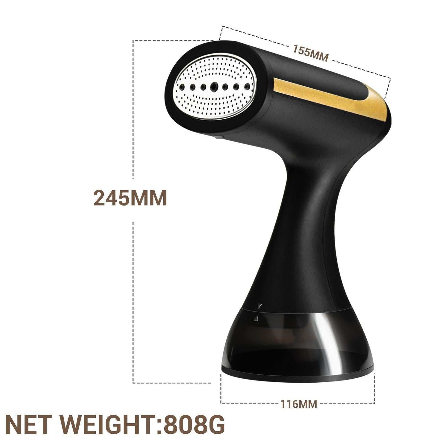 Compact black and gold clothes steamer with ergonomic handle and 300ml water tank, portable for travel and home use