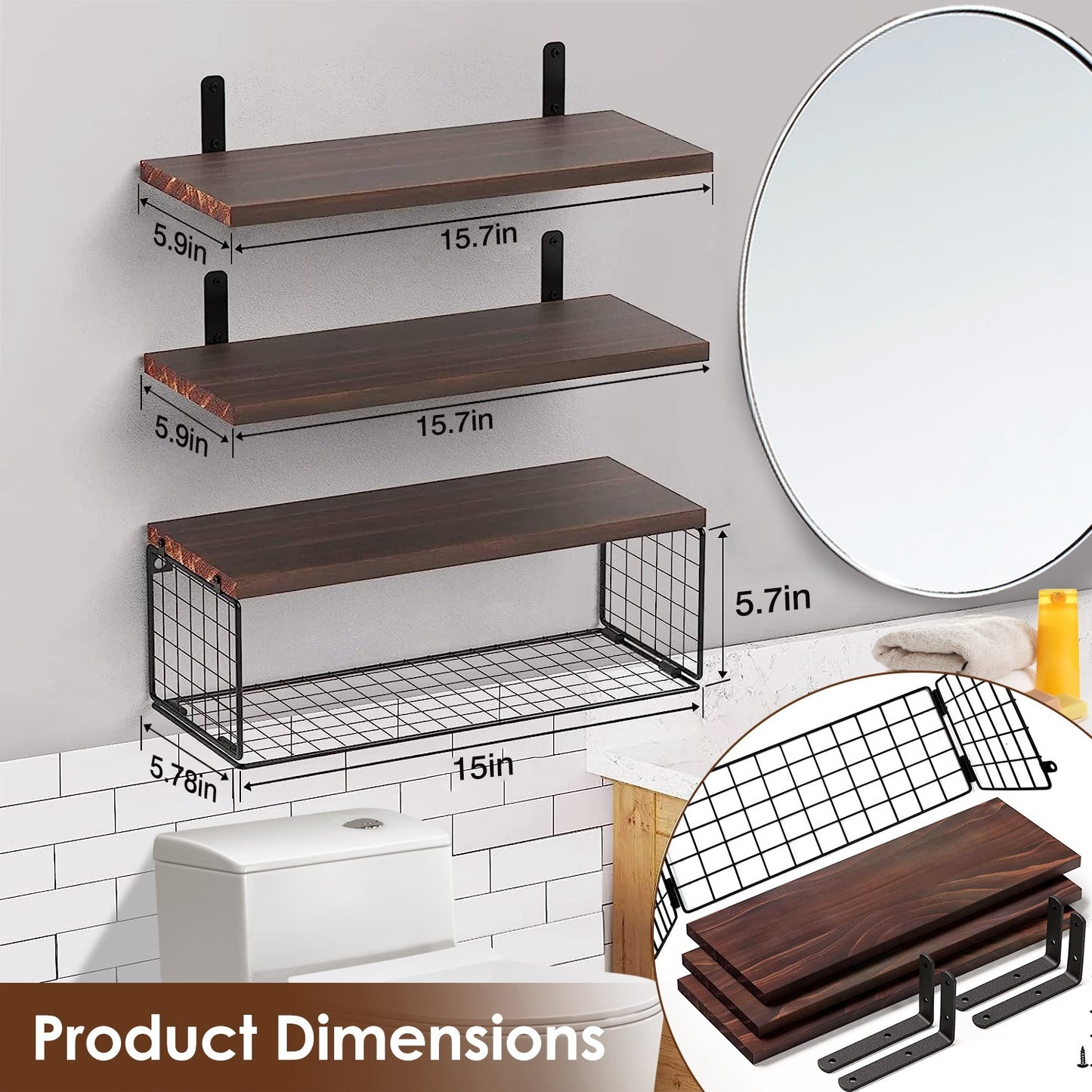 2 In 1 Floating Shelves Wall Mounted With Storage Basket Bathroom Shelves Over Toilet Wooden Shelves For Bedroom Living Room Kitchen Office Wall Decor Plants - The Peppermint Room