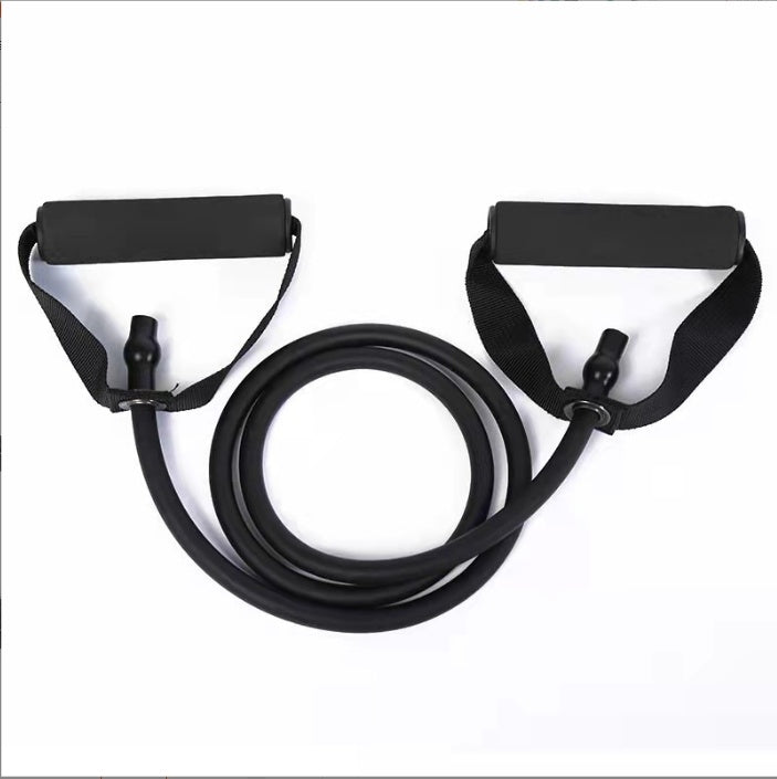 Black latex resistance bands with foam handles for yoga and fitness exercises
