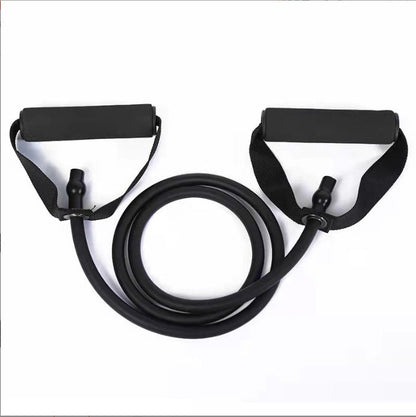 Black latex resistance bands with foam handles for yoga and fitness exercises