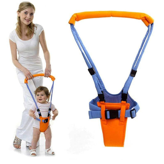 adjustable orange and blue baby toddler harness for walking safety and support with handle strap