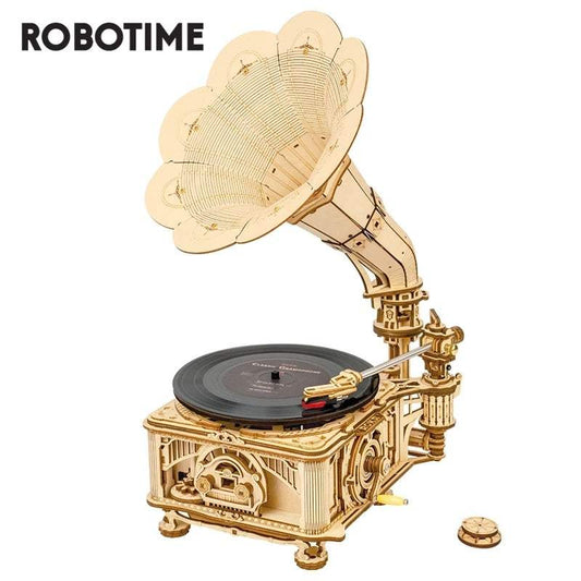 Robotime ROKR DIY wooden hand crank classic gramophone puzzle model with vinyl record and detailed assembly kit