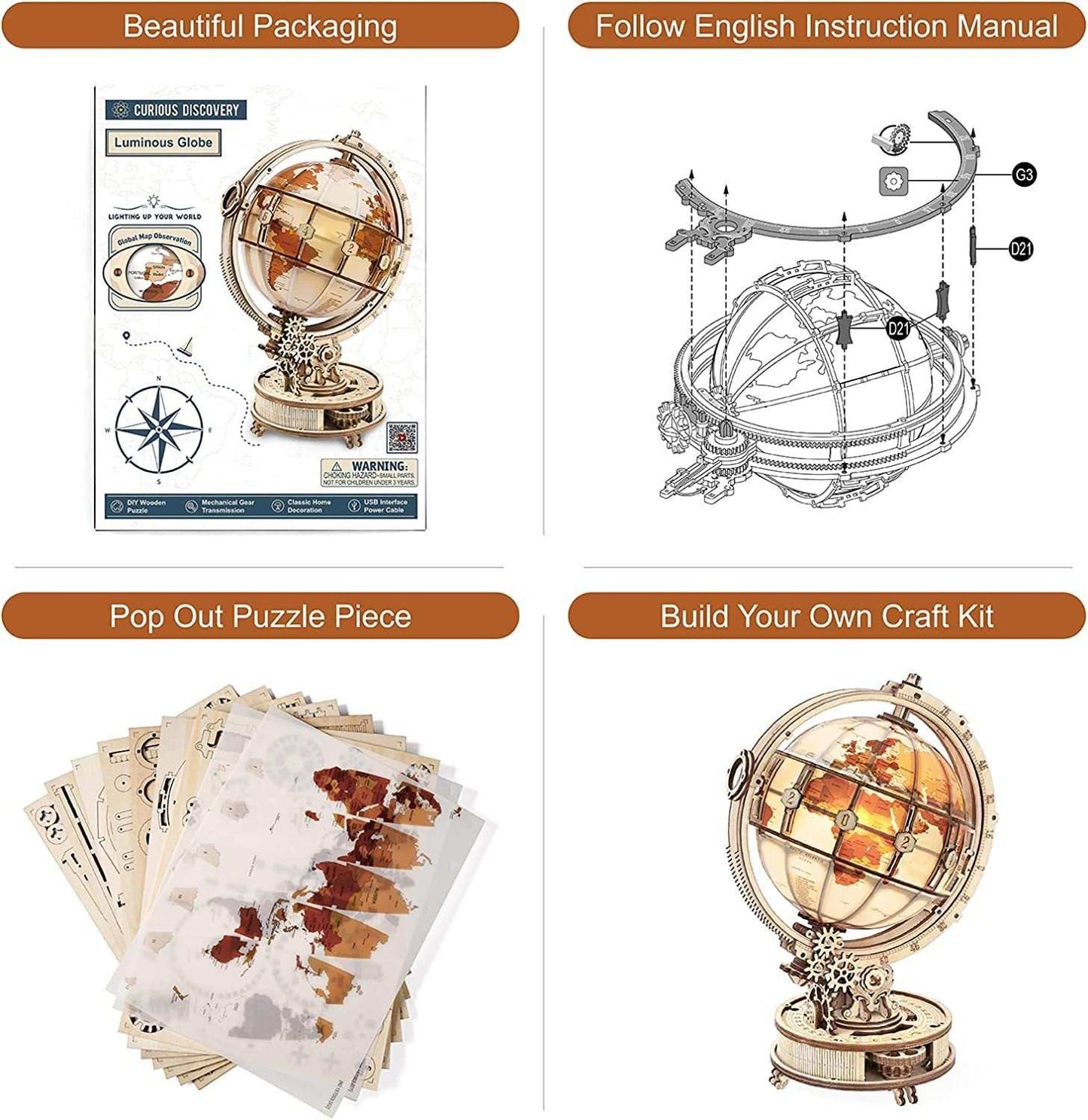 Rokr Luminous Globe 3D wooden model building kit with 180 pieces and instructional manual for assembly