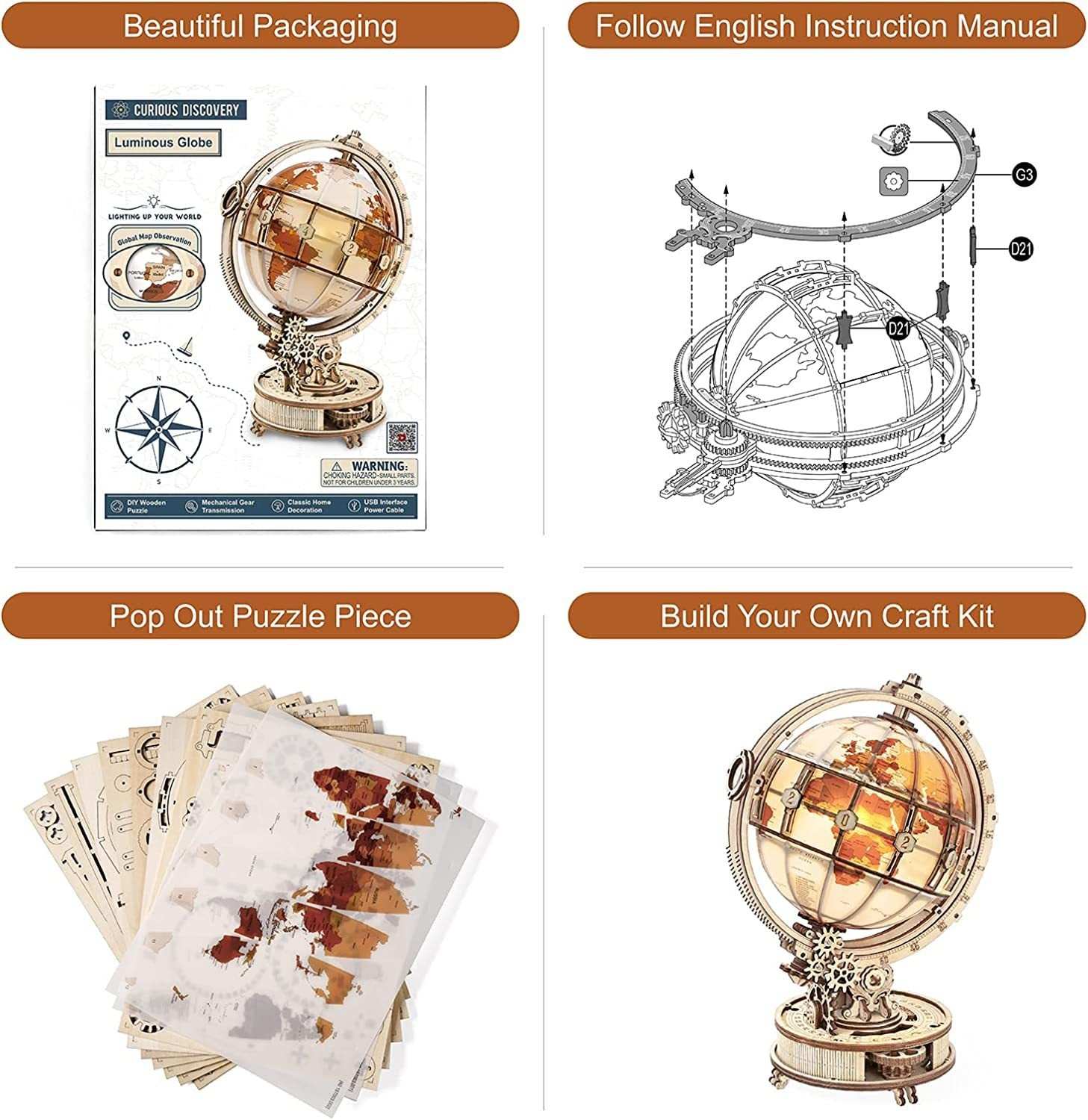 Rokr Luminous Globe 3D wooden model building kit with 180 pieces and instructional manual for assembly