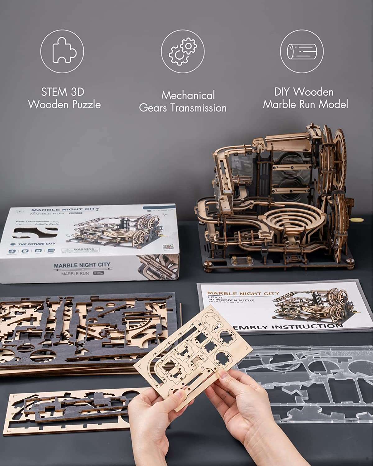 Robotime ROKR Marble Night City 3D wooden puzzle with mechanical gears and marble run model assembly kit for kids.