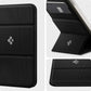 Black magnetic card holder phone accessory compatible with iPhone featuring textured protective cover and stand function