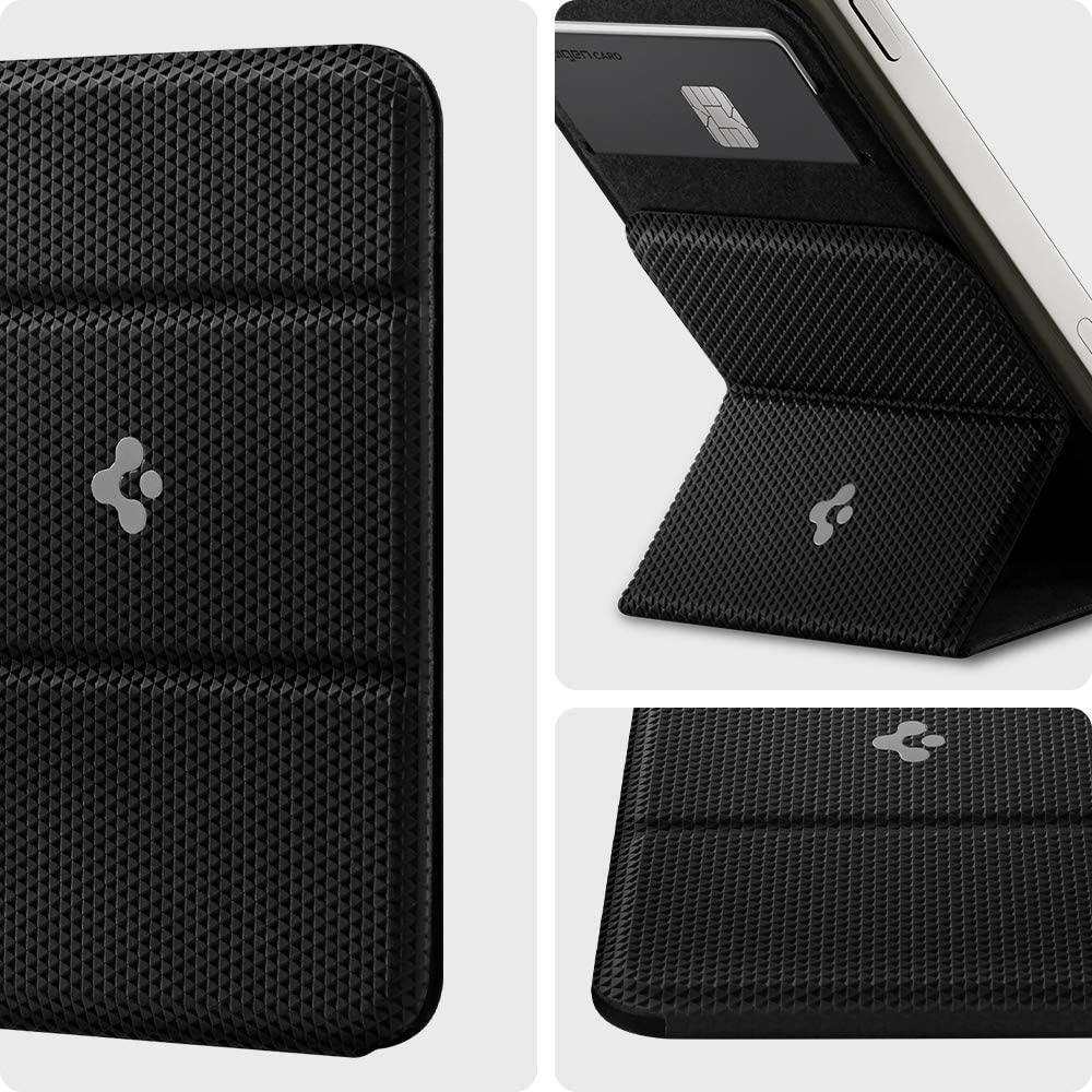 Black magnetic card holder phone accessory compatible with iPhone featuring textured protective cover and stand function