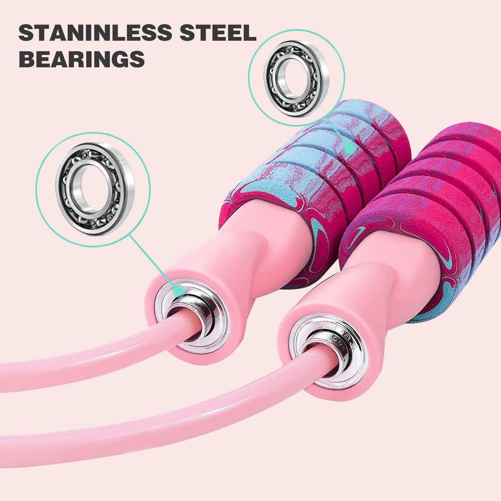Adjustable weighted jump rope with stainless steel bearings and comfortable foam handles for cardio fitness workouts