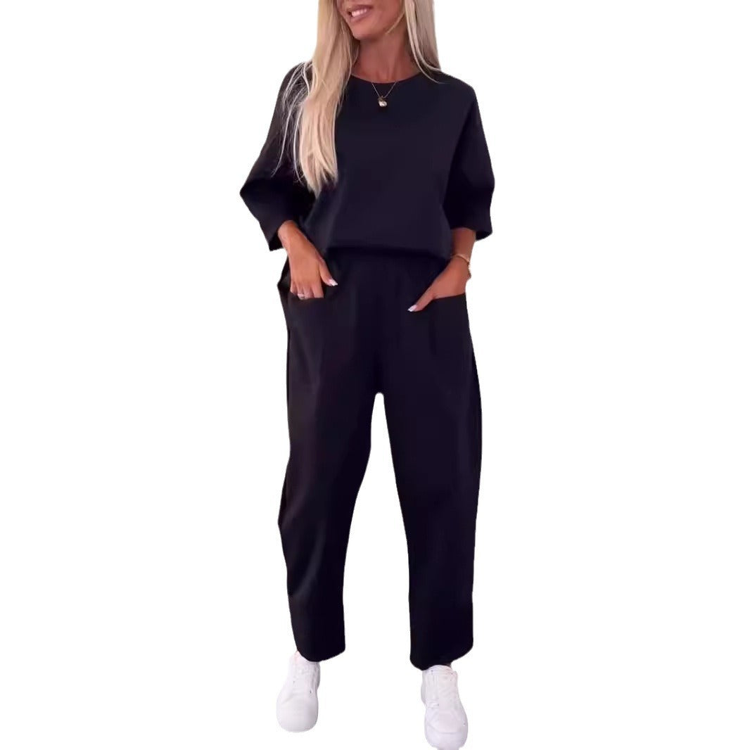 Two-piece Solid Color Round Neck Cropped Pants Set - The Peppermint Room
