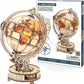 Rokr Luminous Globe 3D wooden model building kit with 180 pieces and mechanical gear base.