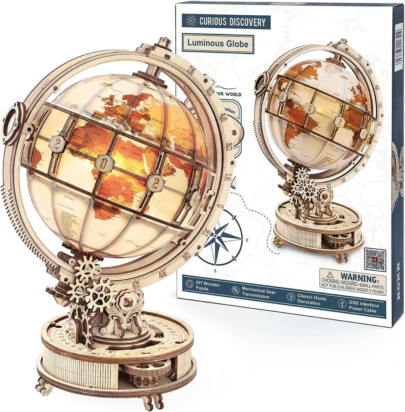 Rokr Luminous Globe 3D wooden model building kit with 180 pieces and mechanical gear base.