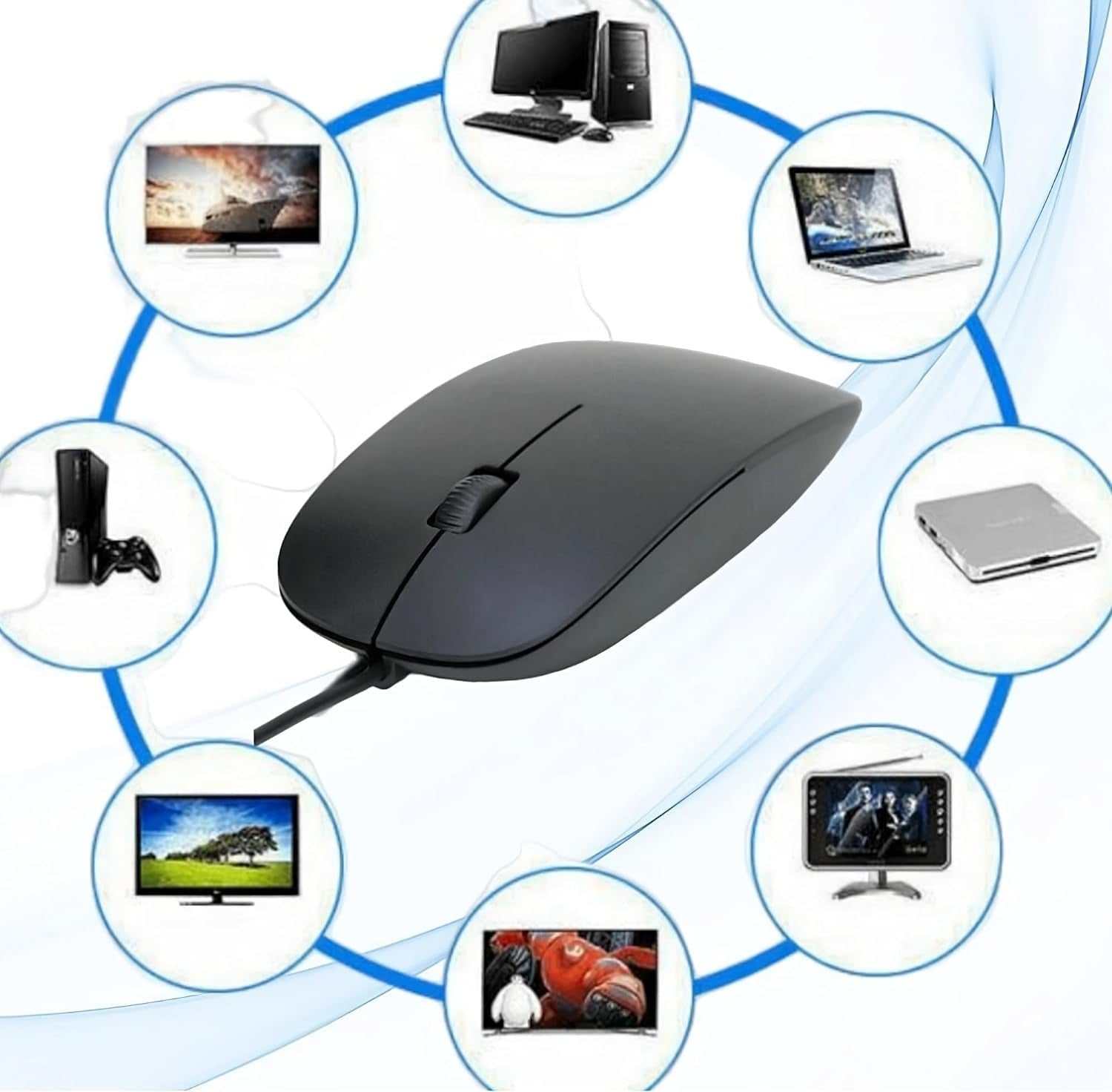 Ultra-slim black optical wired mouse with scroll wheel for PC, laptop, and desktop use