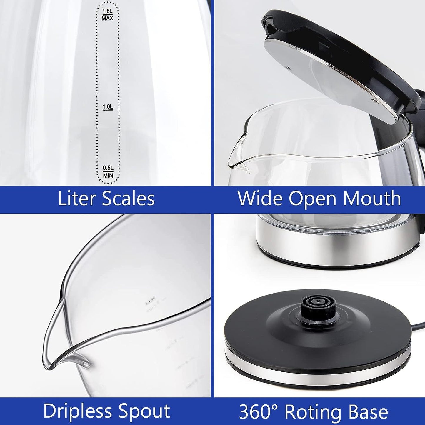 Electric Kettle Water Boiler, 1.8L Electric Tea Kettle, Wide Opening Hot Water Boiler With LED Light, Auto Shut-Off & Boil Dry Protection, Glass Black - The Peppermint Room