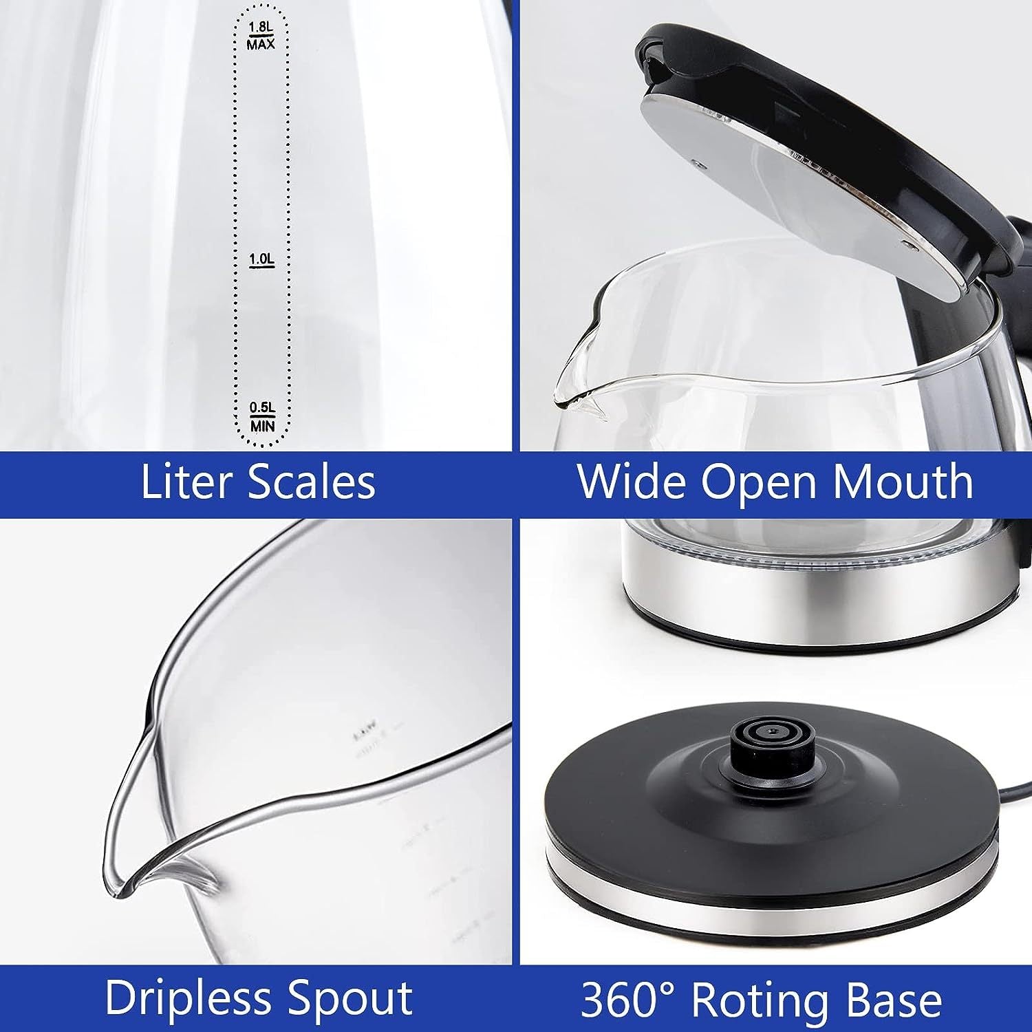 Electric Kettle Water Boiler, 1.8L Electric Tea Kettle, Wide Opening Hot Water Boiler With LED Light, Auto Shut-Off & Boil Dry Protection, Glass Black - The Peppermint Room